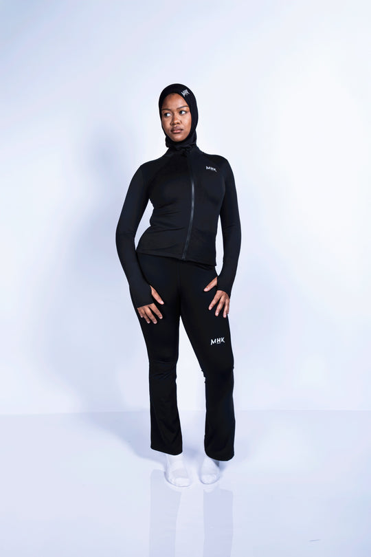 Legging patte d'éléphant MHK Sport — noir, femme, studio, ensemble veste zippée