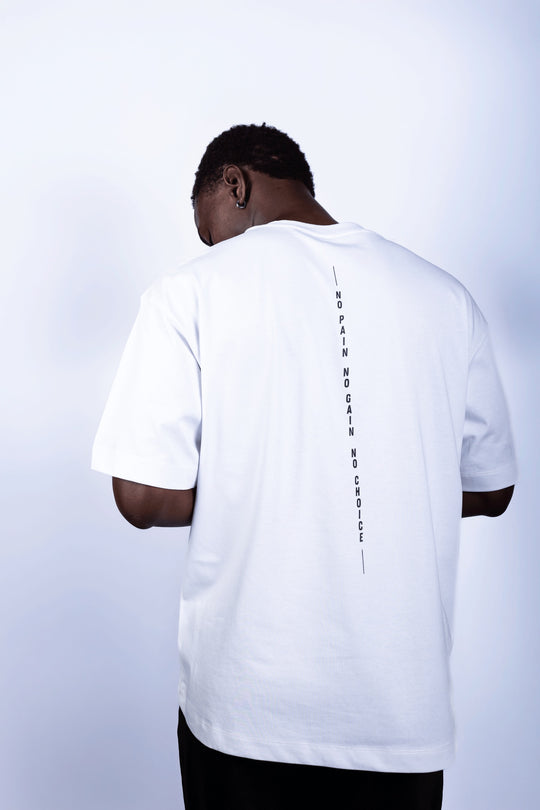 T-shirt oversize MHK Sport — blanc, homme, studio, dos slogan No Pain No Gain
